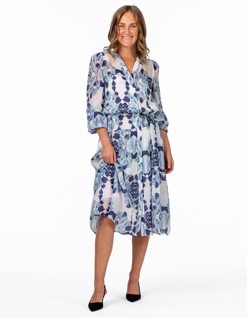Eva Button Down Long Sleeve Midi Dress in Blue Print
