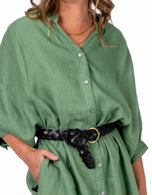 Burbank Relaxed Fit Button Down Dress in Cool Green Linen
