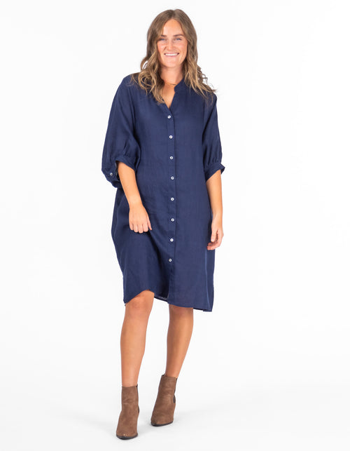 Burbank Relaxed Fit Button Down Dress in Navy Linen