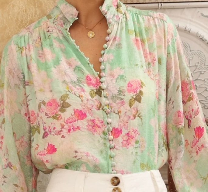 Estellle Button Down Blouse in Green/Pink Floral Print