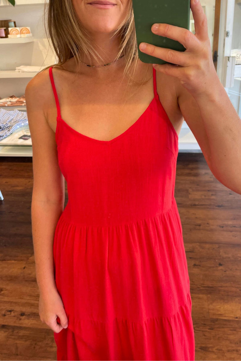 Naples Shirred Back Midi Sun Dress in Red