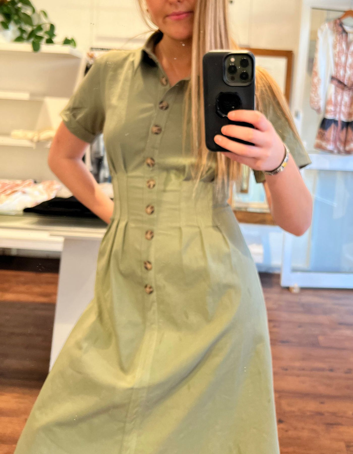 Kris Short Sleeve Button Down Midi Dress in Khaki