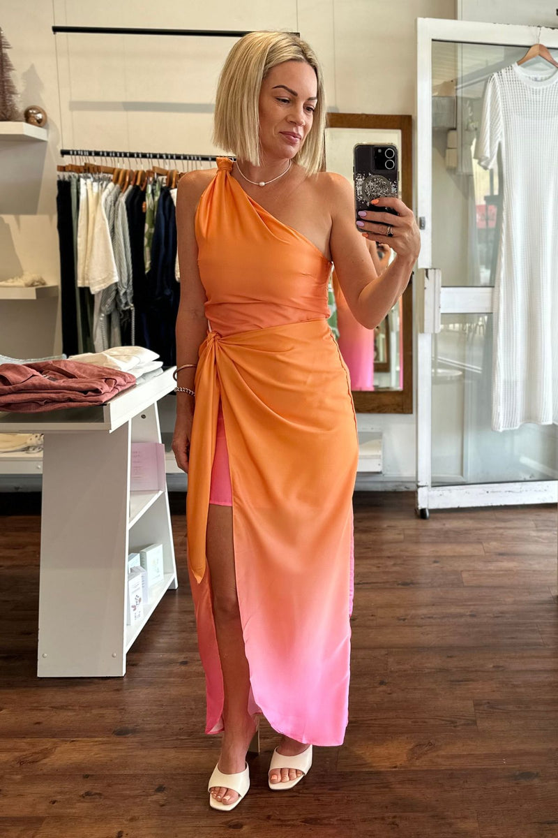 Leeds One Shoulder Knot Front Midi Dress in Pink/Orange