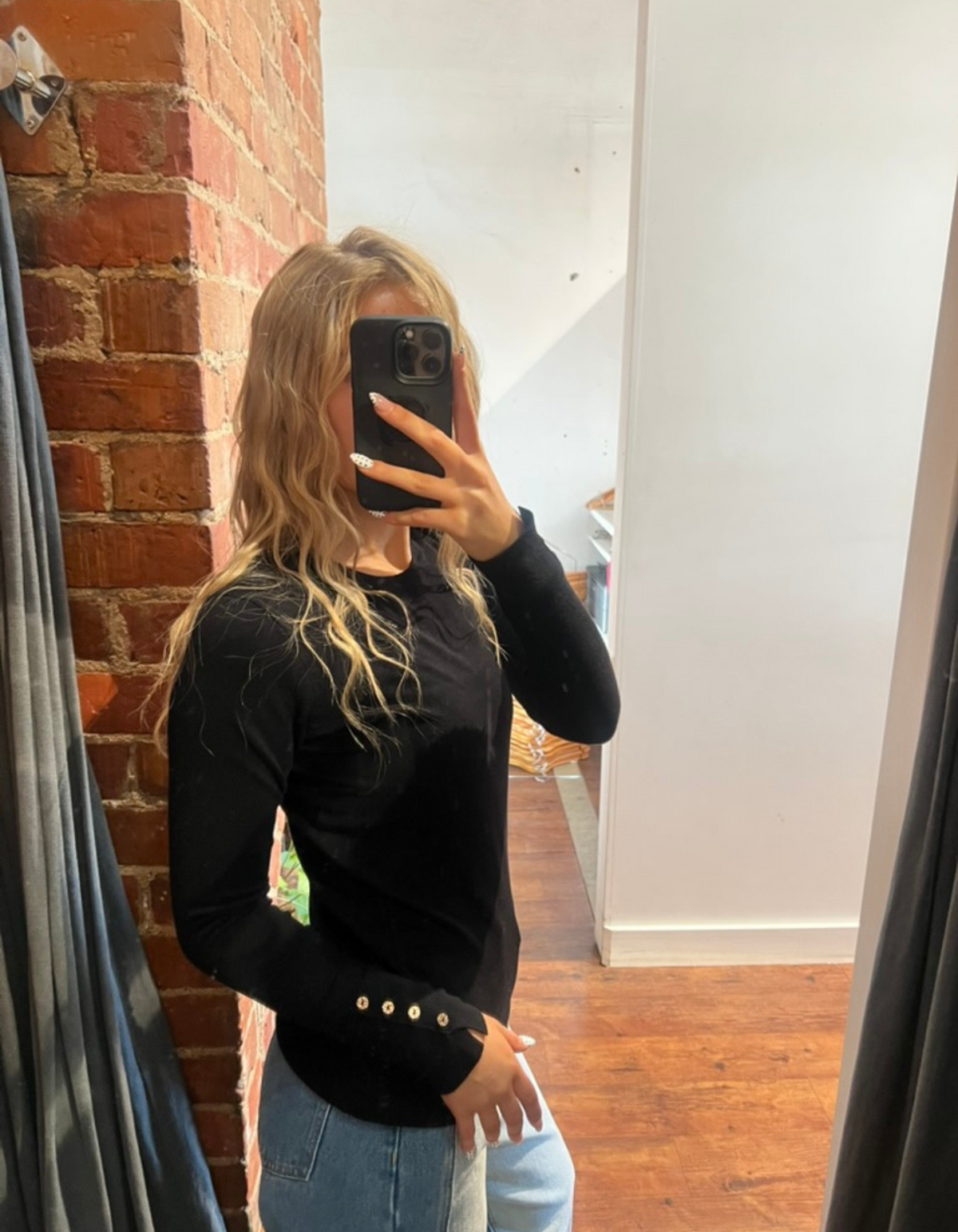 Arlo Crew Neck Button Cuff Knit Top in Black