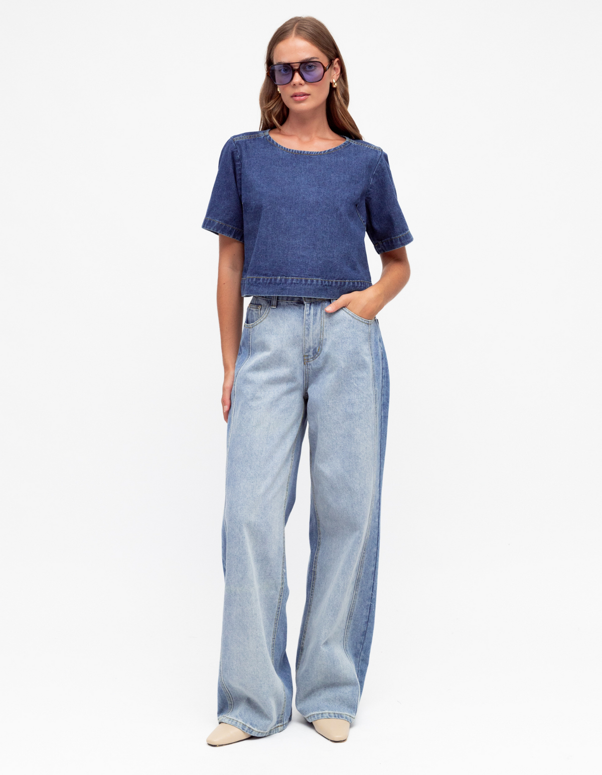 Tilly Contrast Panel Wide-Leg Jean in Blue Denim
