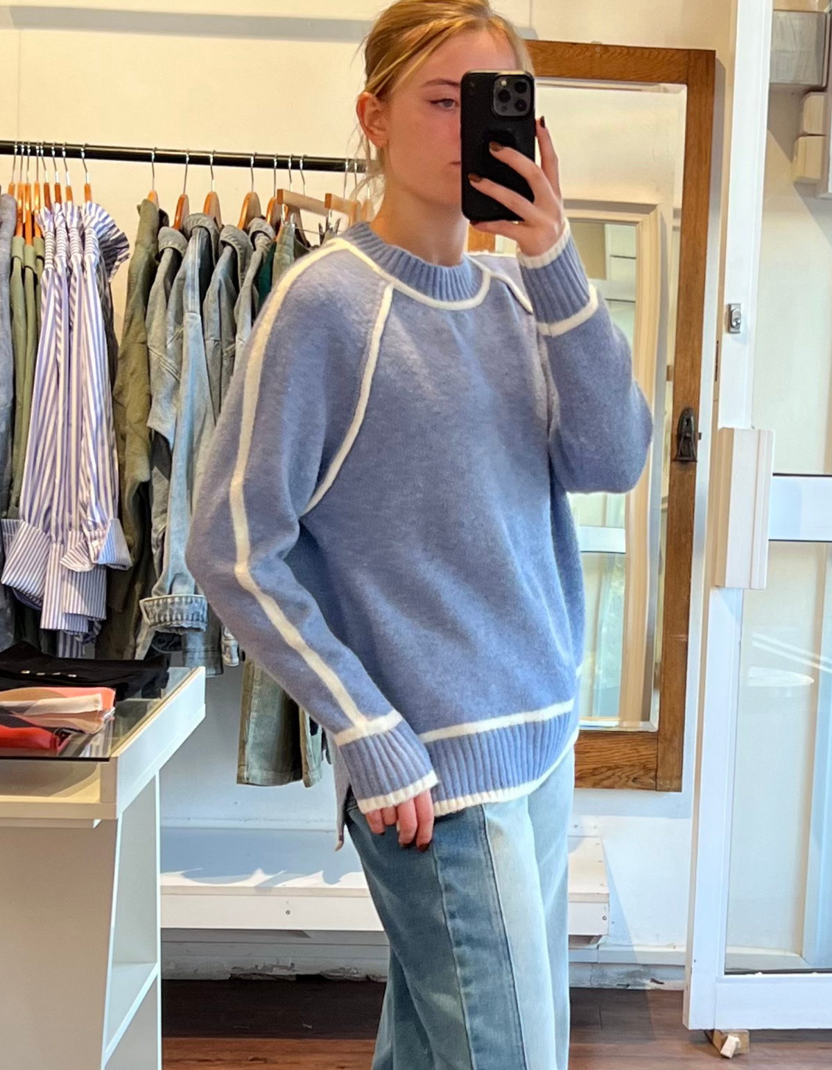 Kobe Crew Neck White Line Jumper in Blue