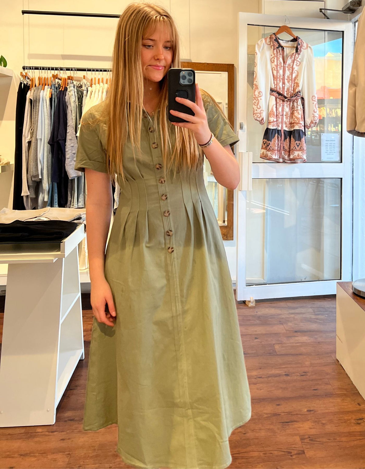 Kris Short Sleeve Button Down Midi Dress in Khaki