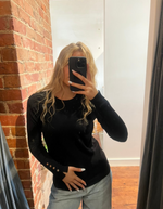 Arlo Crew Neck Button Cuff Knit Top in Black