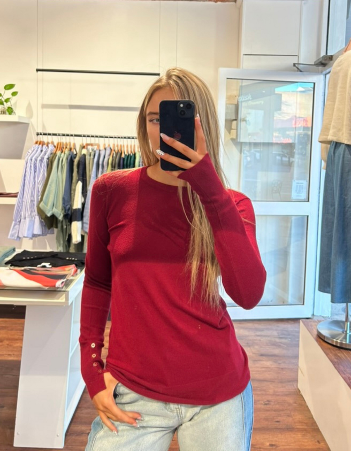 Arlo Crew Neck Button Cuff Knit Top in Red