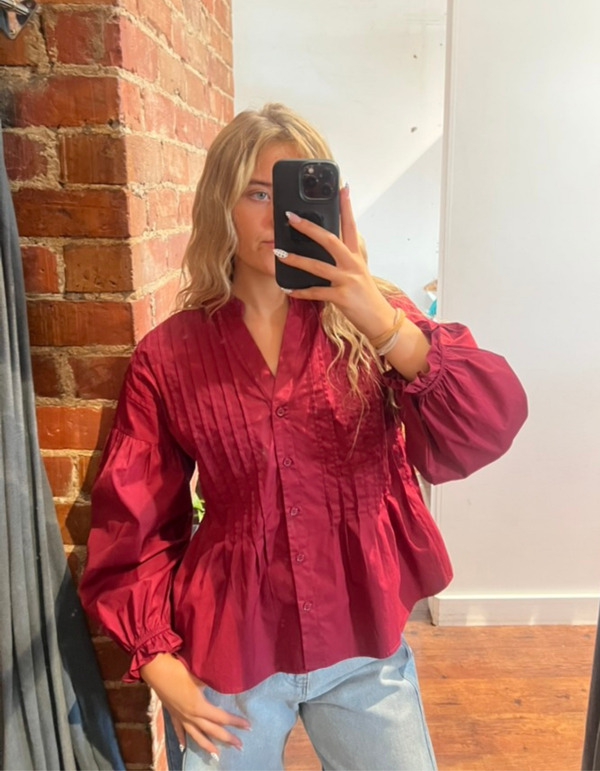 Willie Long Sleeve Pleated Button Up Shirt in Wine Red