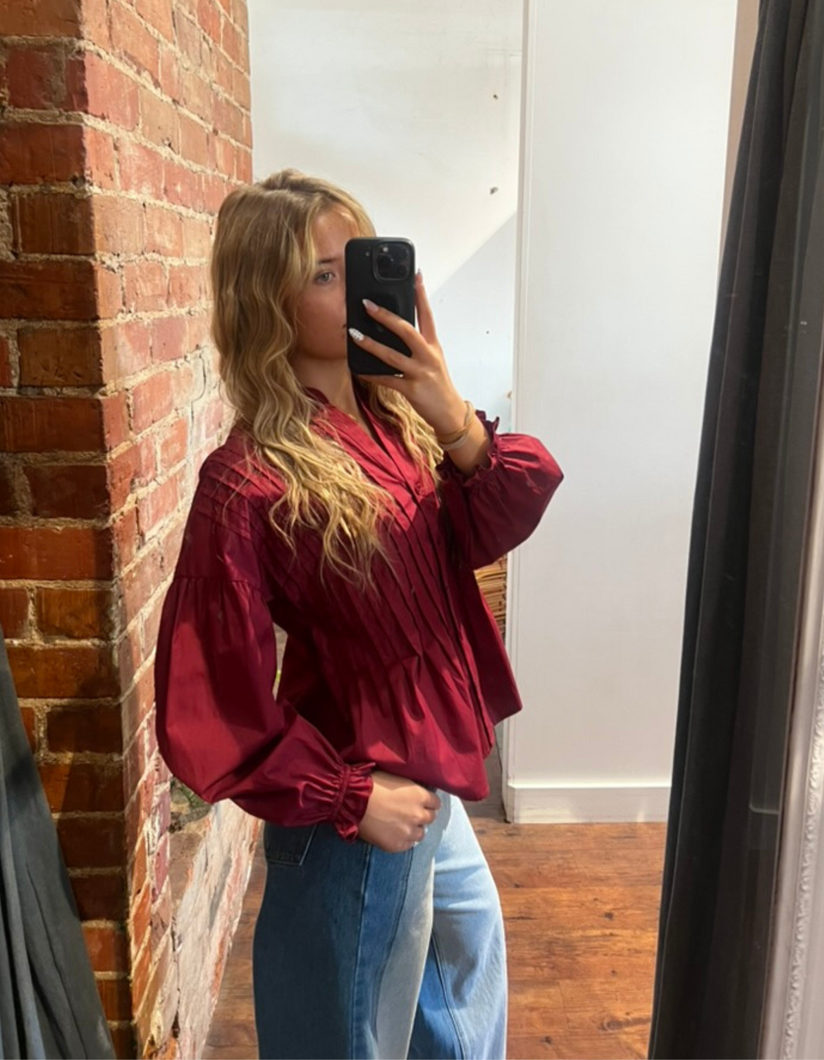 Willie Long Sleeve Pleated Button Up Shirt in Wine Red