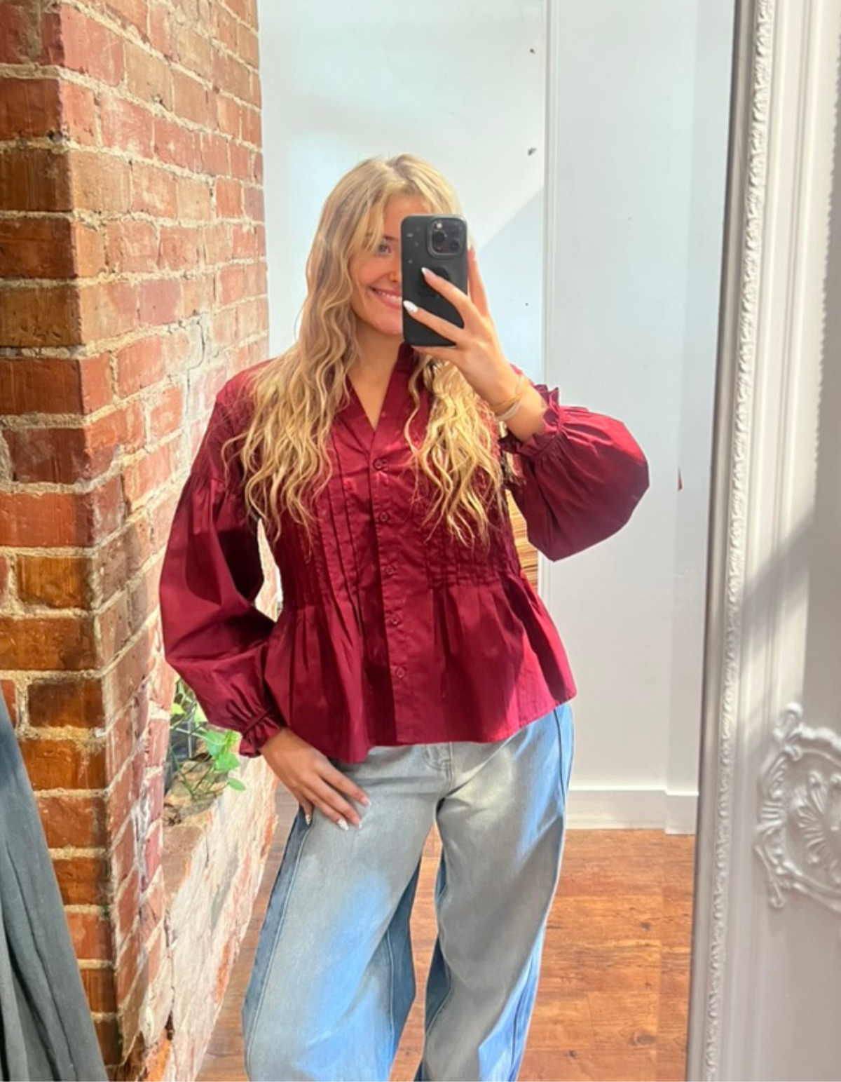 Willie Long Sleeve Pleated Button Up Shirt in Wine Red