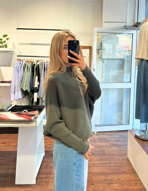 Solace Ribbed Knit High Neck Jumper in Khaki