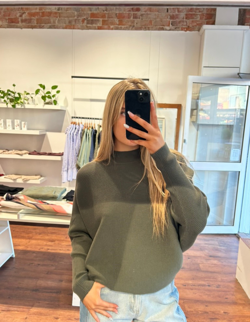 Solace Ribbed Knit High Neck Jumper in Khaki