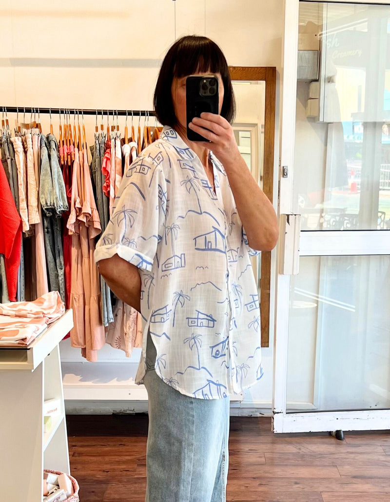 Seaside Button Down Top in White/Blue Print