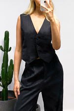 Seattle Sleeveless Button Down Vest Top in Black Linen