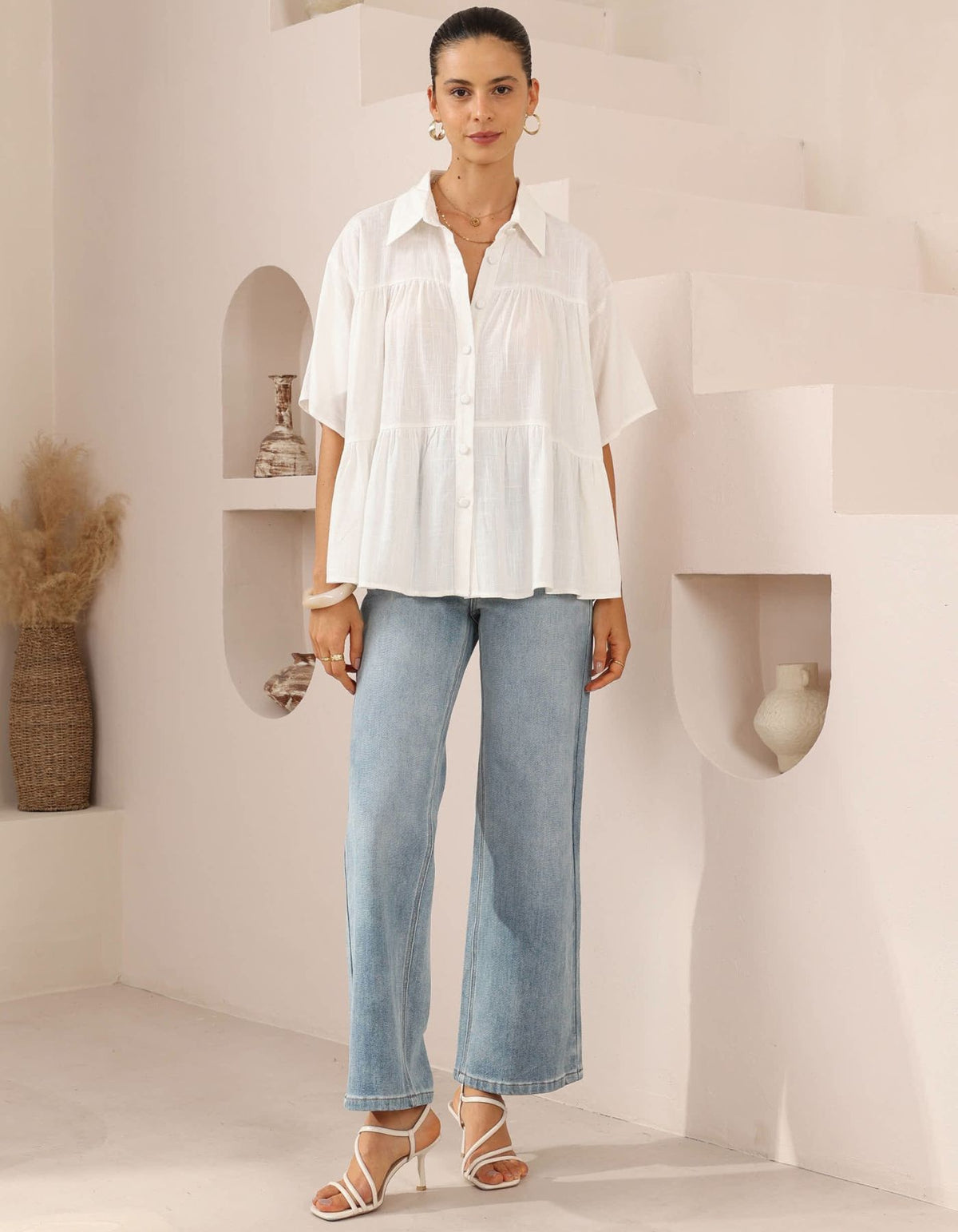 Royal Short Sleeve Tiered Shirt in White