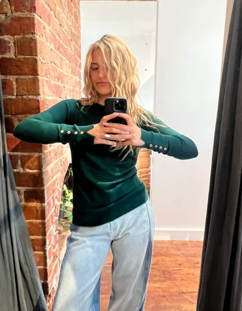 Arlo Crew Neck Button Cuff Knit Top in Green