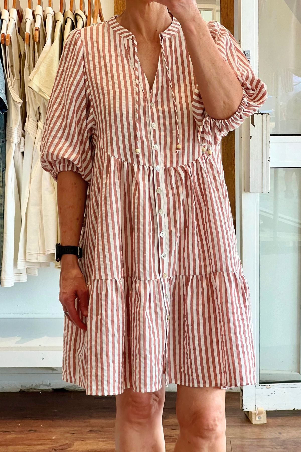 Clara Button Front V Neck Dress in Clay Stripe