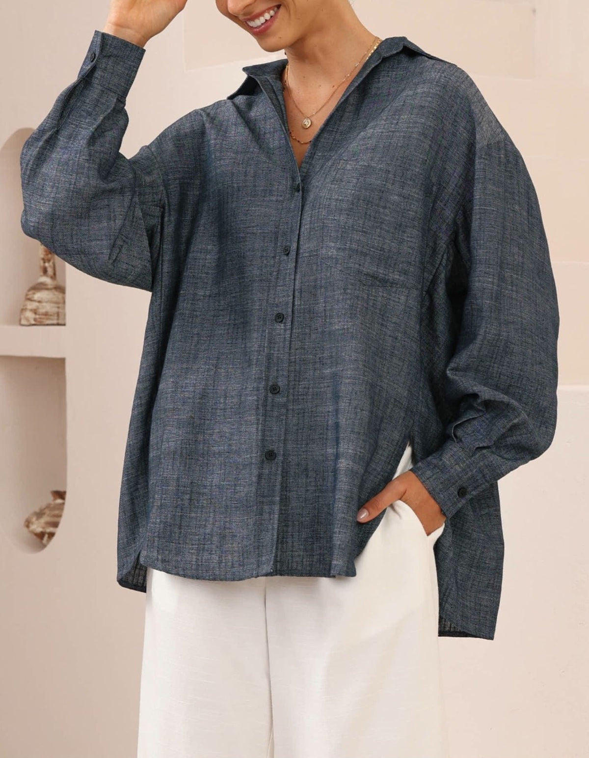 Billie Button Down Long Sleeve Shirt in Indigo