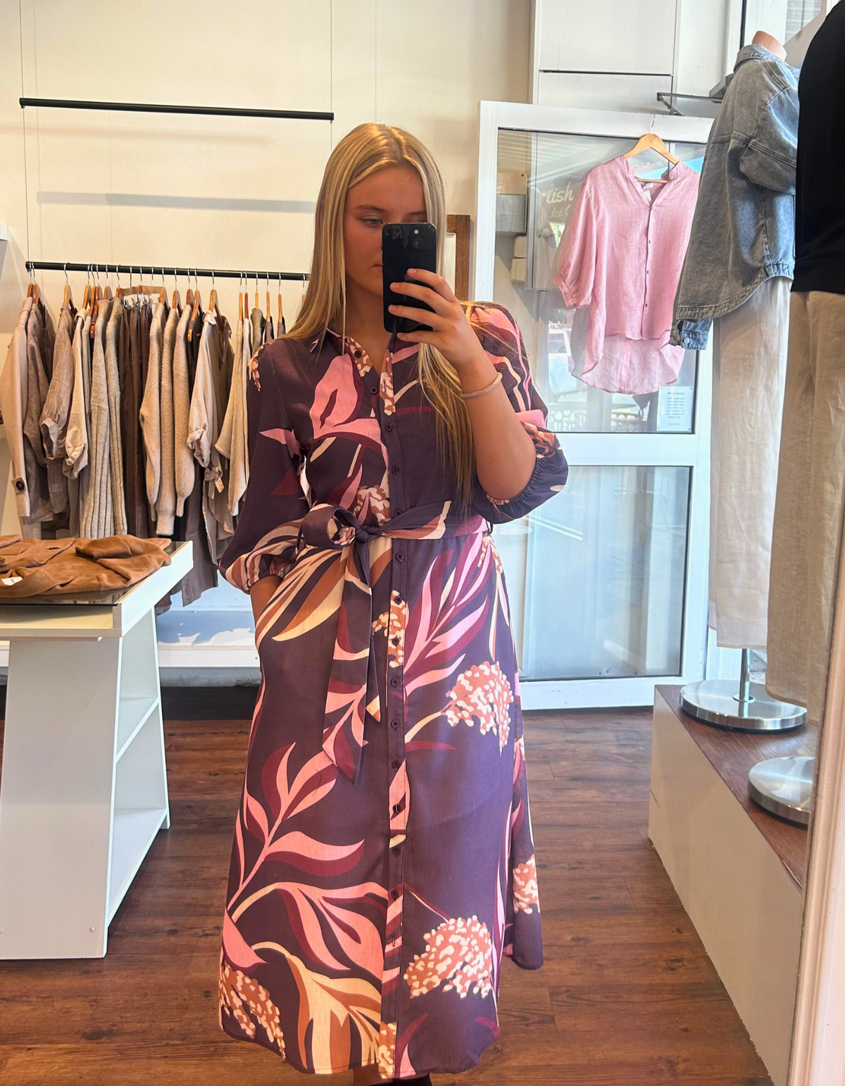 Luna Half Sleeve Button Up Belted Midi Dress in Plum Print