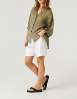 River Button Down Collarless Sheer Linen Shirt in Olive