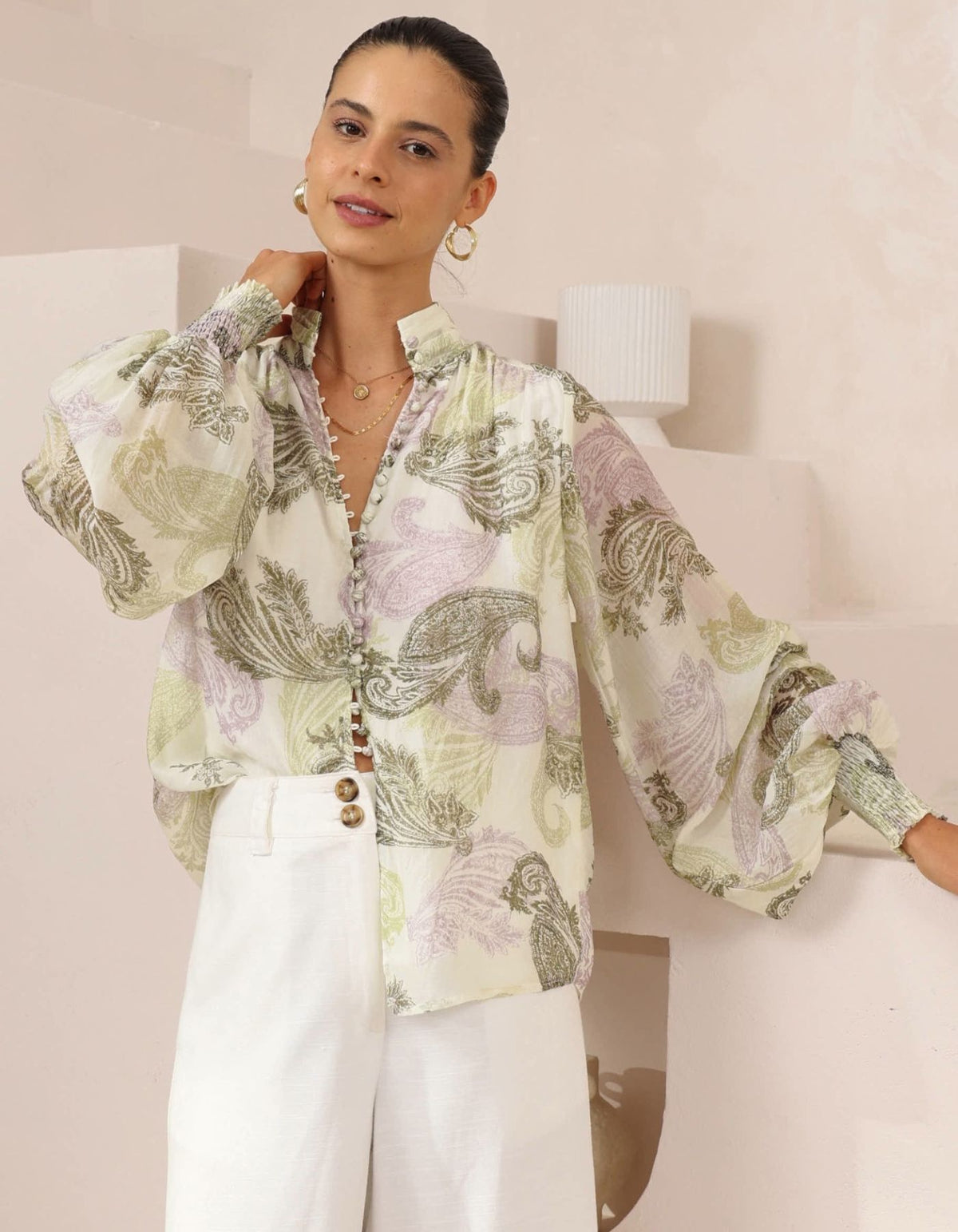 Estellle Button Down Blouse in Green Paisley Print
