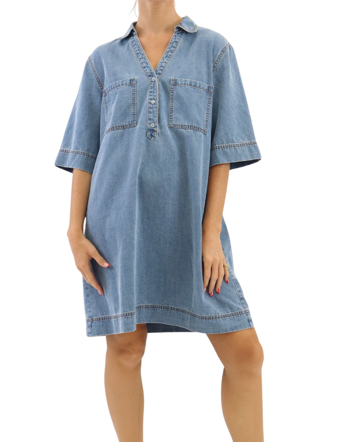 Lucy Short Sleeve Relaxed Dress in Blue Denim