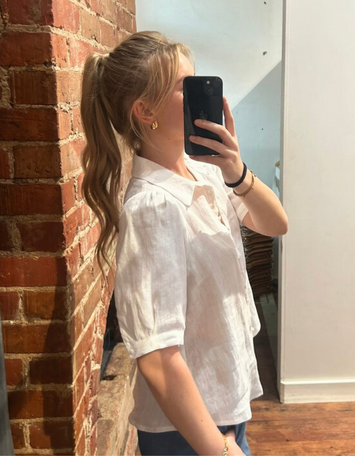 Vera Linen-Cotton Button Up Short Sleeve Top in White