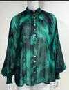 Jeena Gold Button Down Blouse in Emerald Print