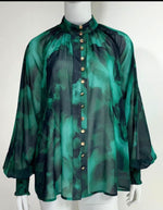 Jeena Gold Button Down Blouse in Emerald Print