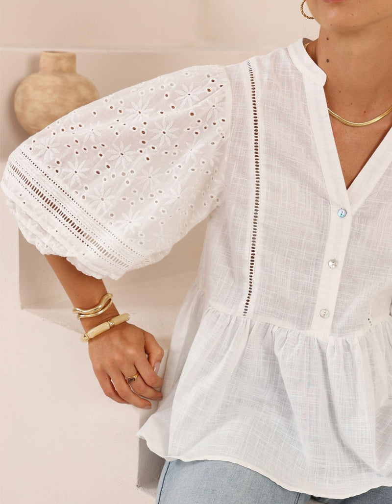 Camille V Neck Broderie Anglaise Sleeve Top in White