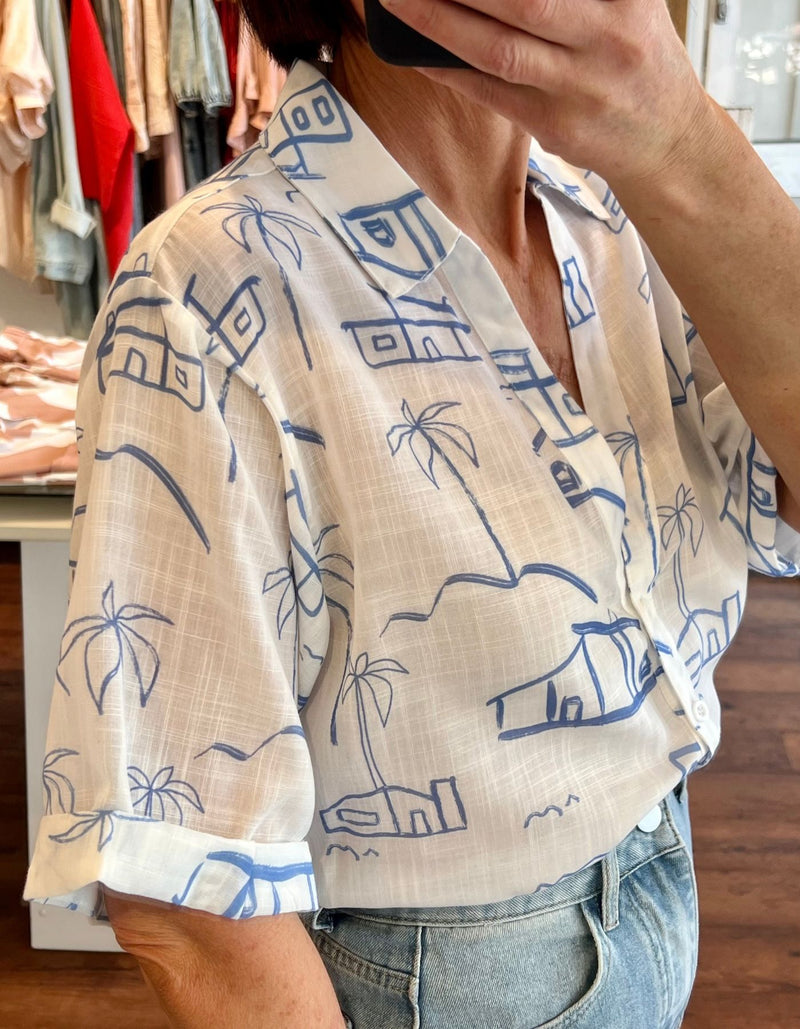 Seaside Button Down Top in White/Blue Print