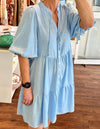 Presley Button Front V Neck Dress in Light Blue