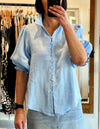 Rio Gathered Sleeve Button Down Top in Blue Linen