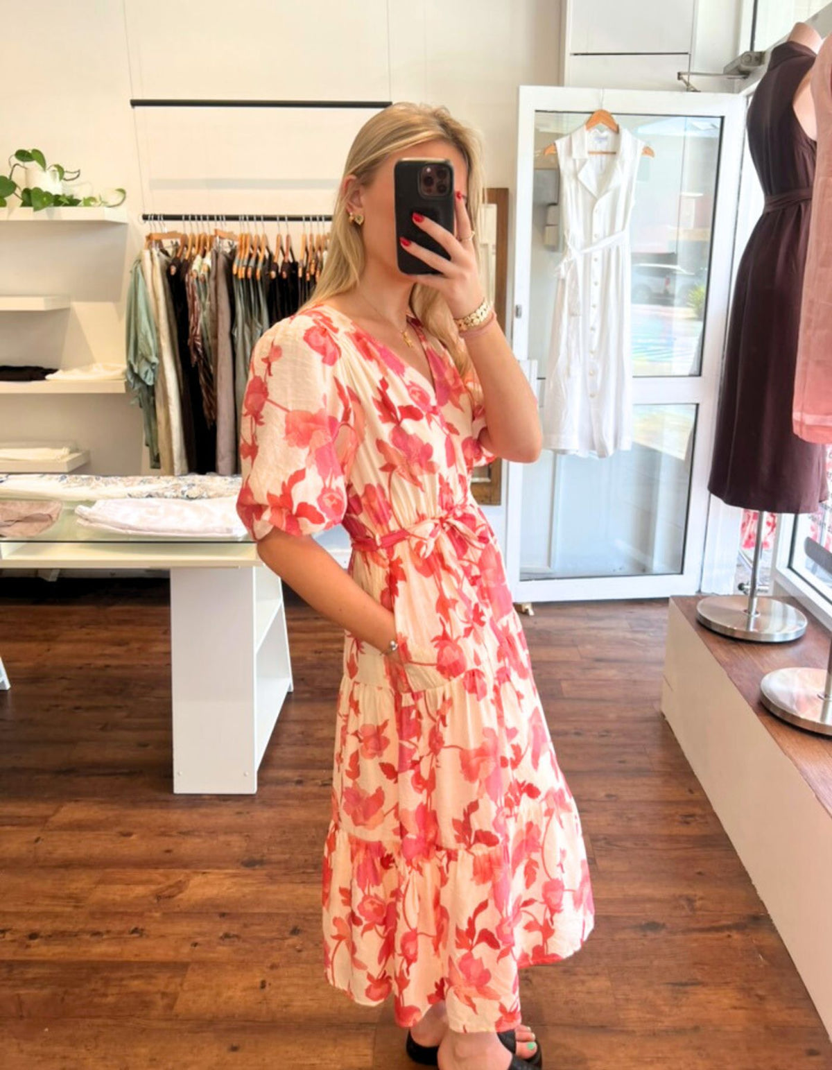 Arin Elastic Waist Midi Dress in Pink Floral
