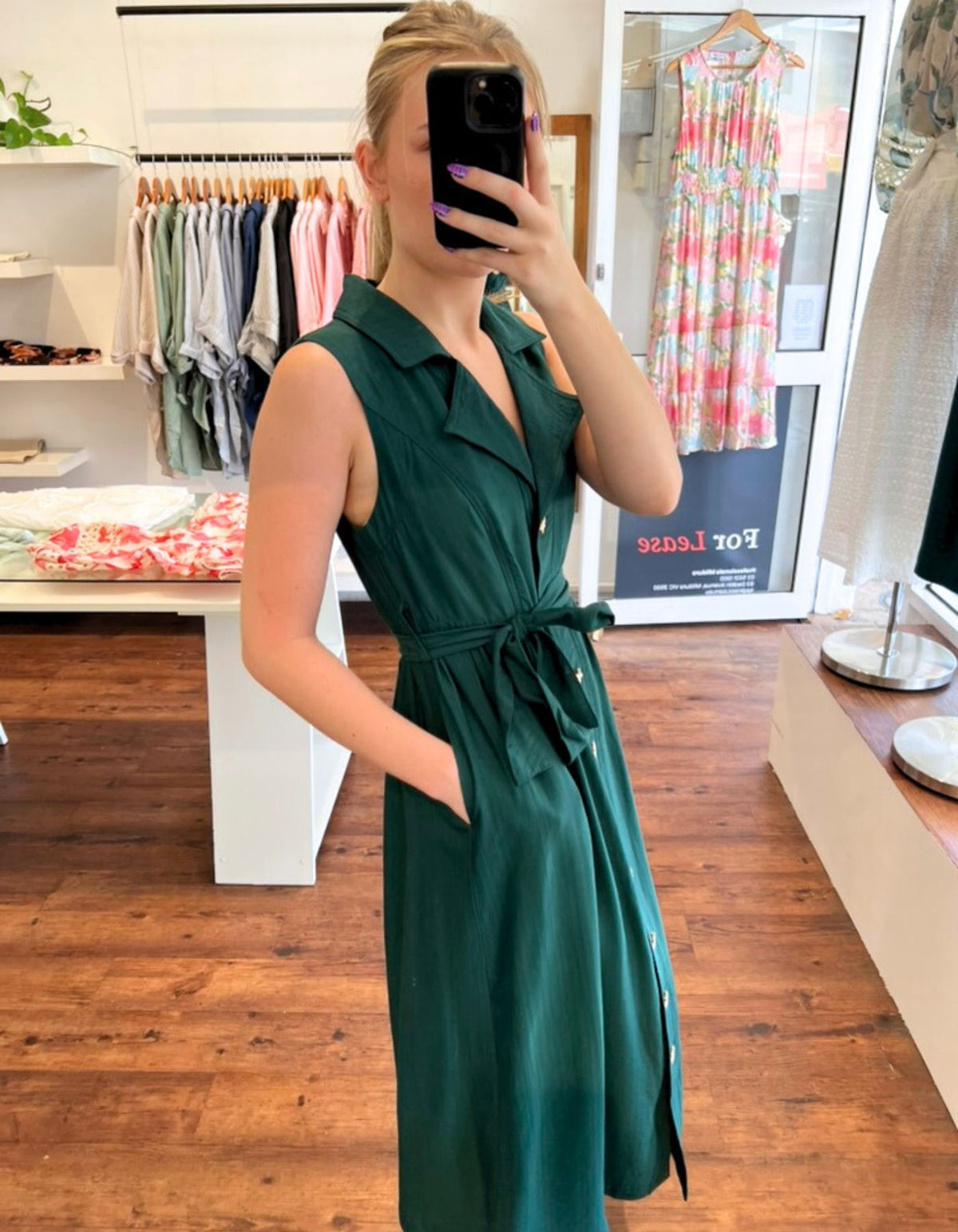 Tara Sleeveless Shirt Dress in Green