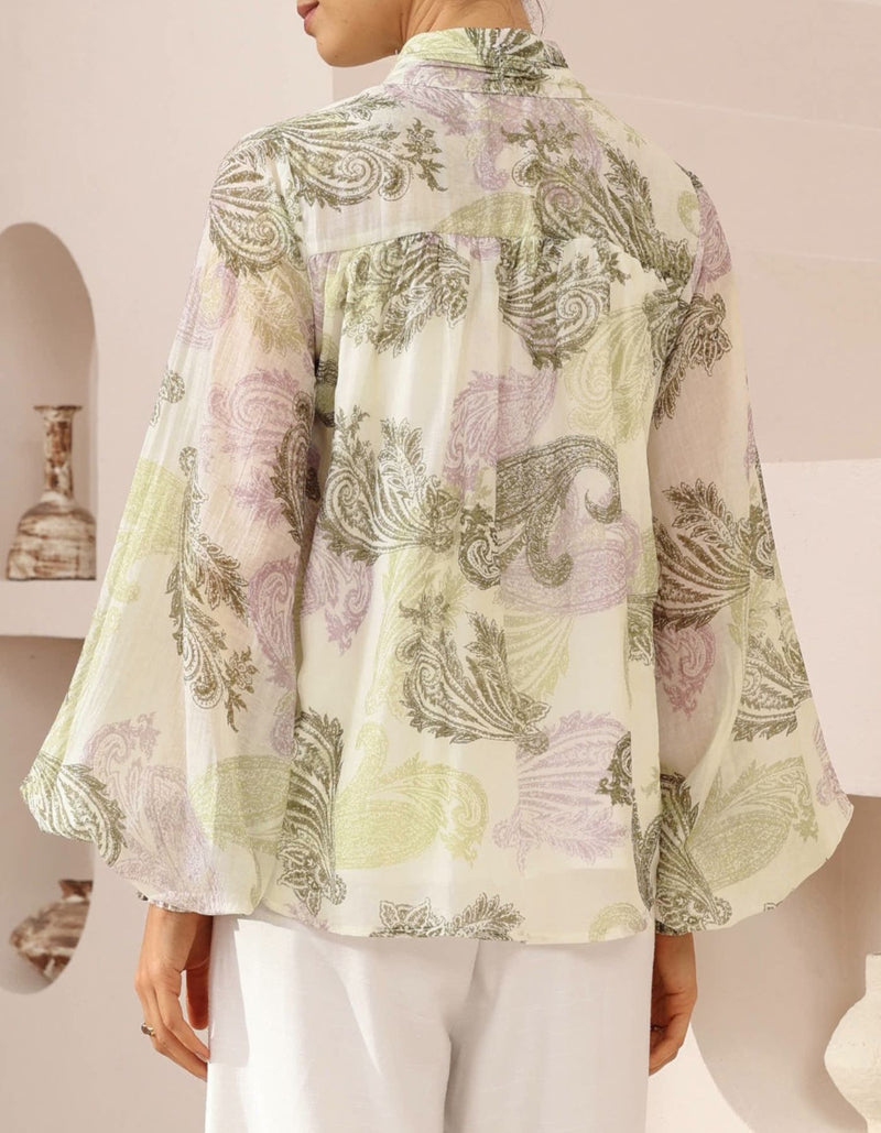 Estellle Button Down Blouse in Green Paisley Print