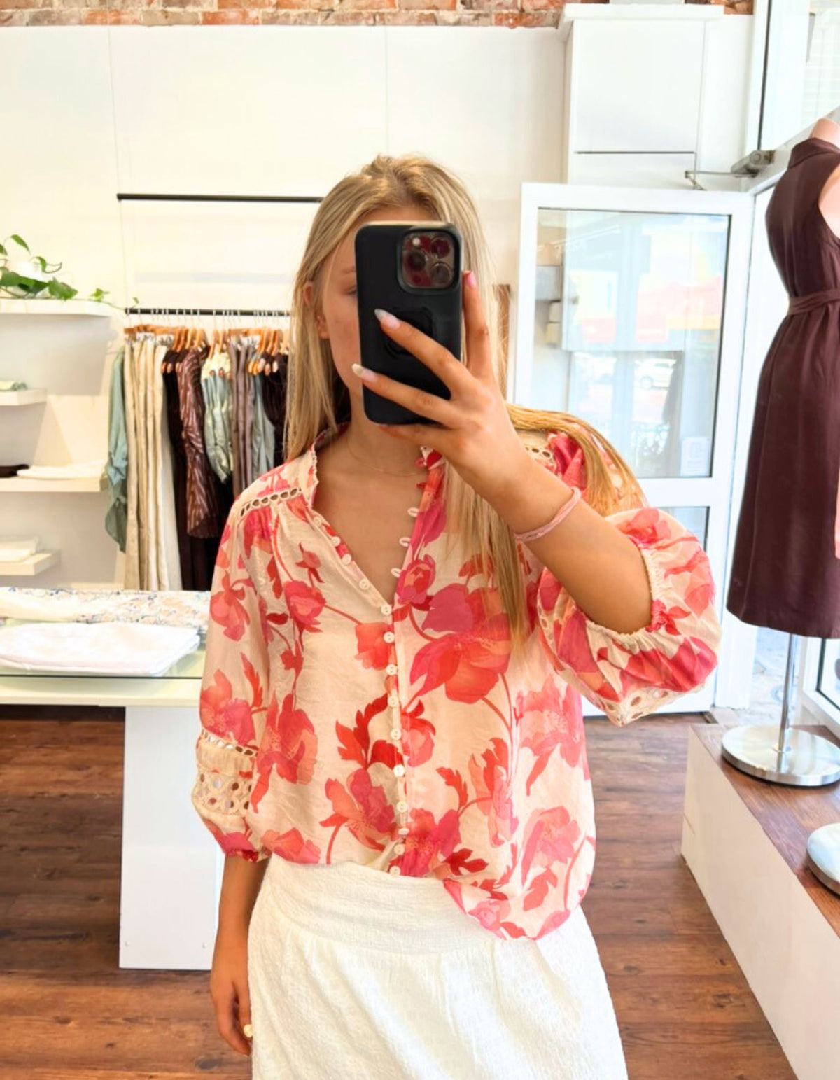 Arin Button Down 3/4 Sleeve Top in Pink Floral