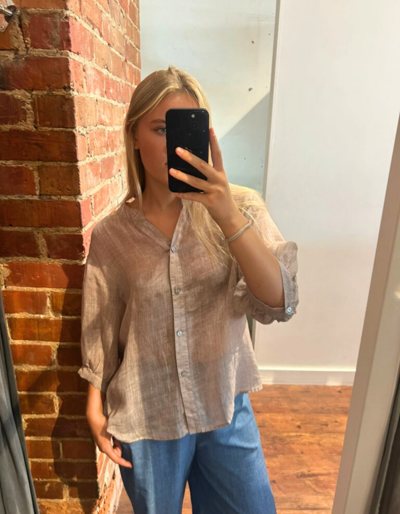 River Button Down Collarless Sheer Linen Shirt in Taupe