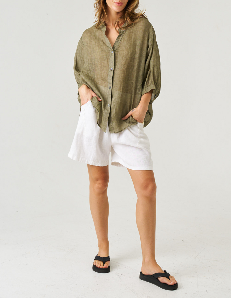River Button Down Collarless Sheer Linen Shirt in Olive