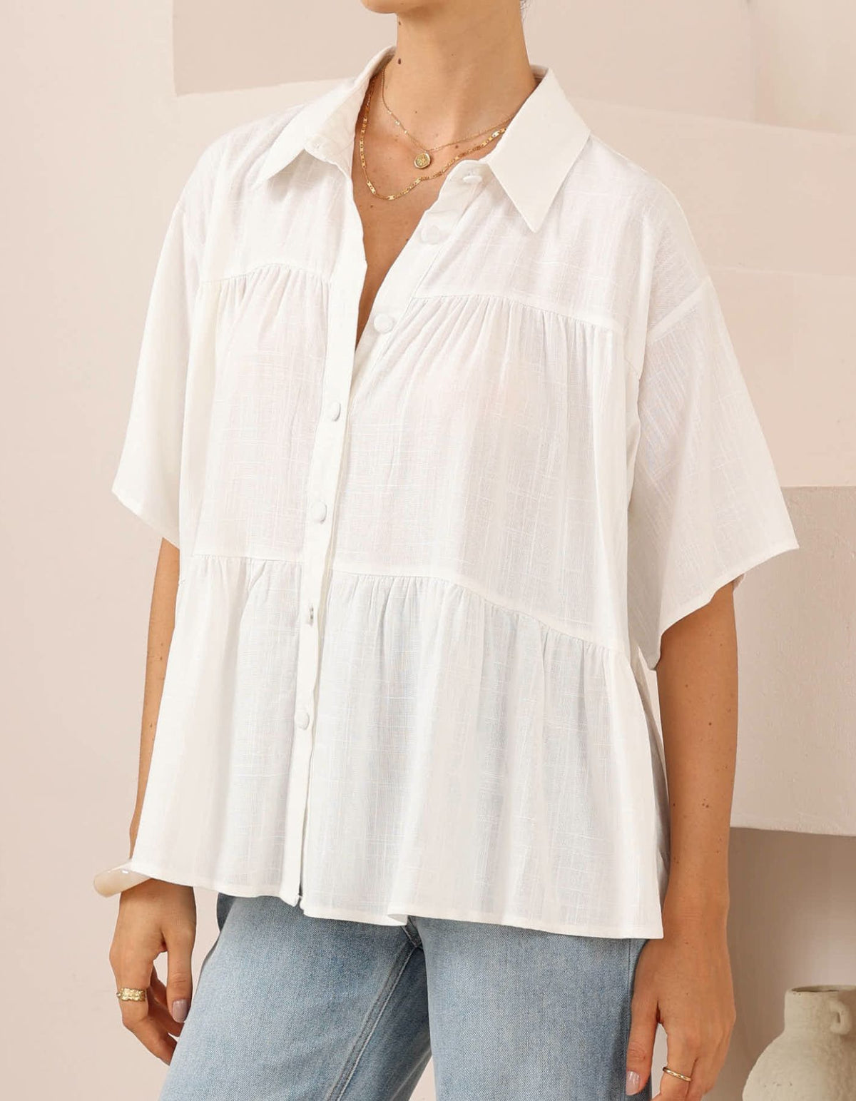 Royal Short Sleeve Tiered Shirt in White