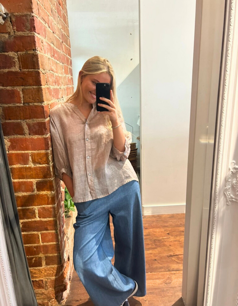 River Button Down Collarless Sheer Linen Shirt in Taupe