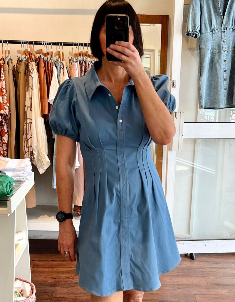 Brighton Short Sleeve Button Down Dress in Blue