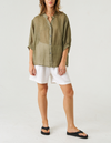 River Button Down Collarless Sheer Linen Shirt in Olive