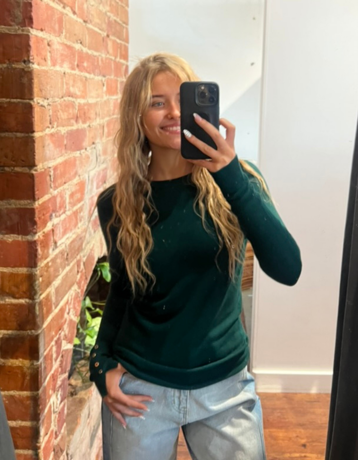 Arlo Crew Neck Button Cuff Knit Top in Green