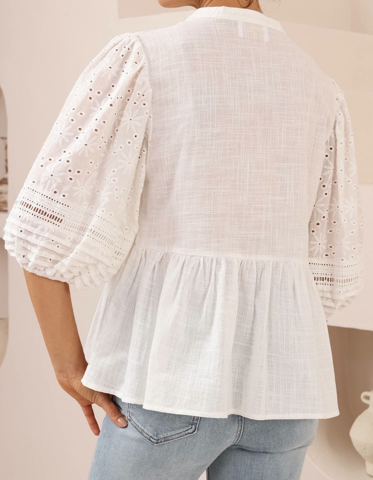 Camille V Neck Broderie Anglaise Sleeve Top in White