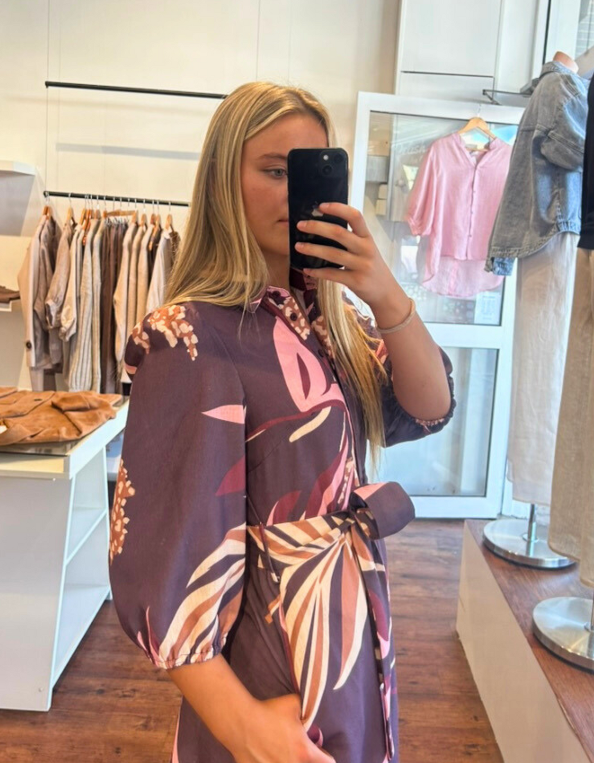 Luna Half Sleeve Button Up Belted Midi Dress in Plum Print