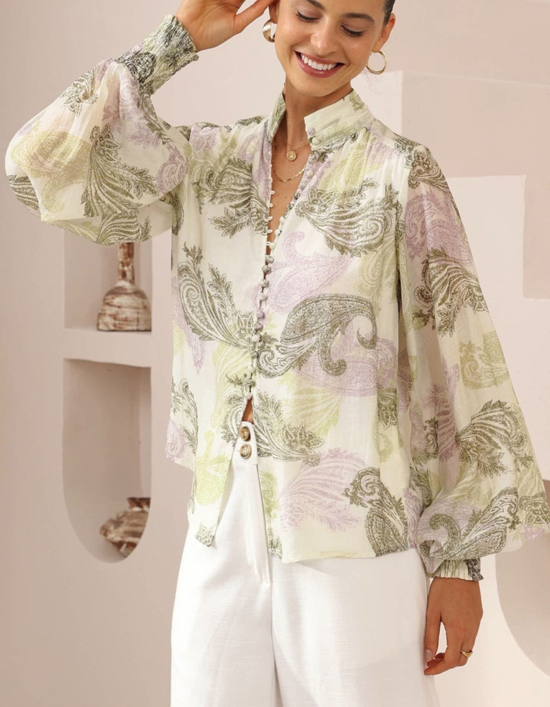 Estellle Button Down Blouse in Green Paisley Print