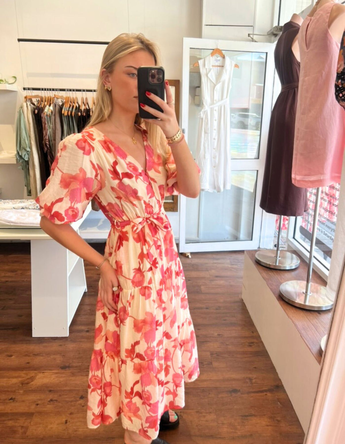 Arin Elastic Waist Midi Dress in Pink Floral